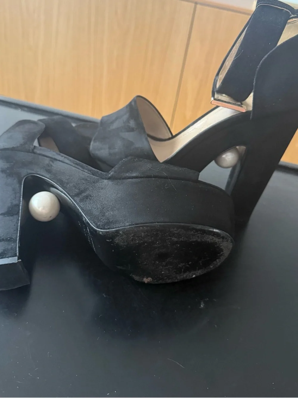 Nicholas Kirkwood Black Suede Platform Heels with Pearl Detail